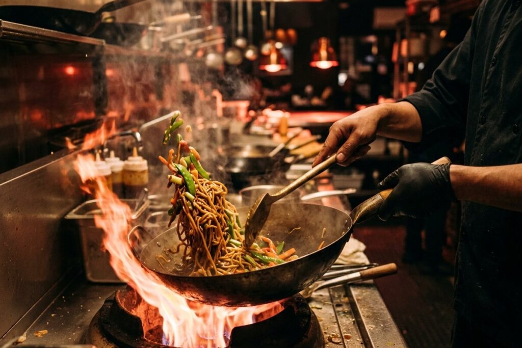 A cook tossing lo mein with vegetables in a flaming wok