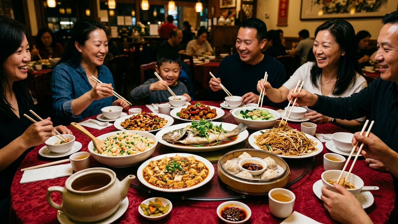 A family sharing dumplings, noodles, tofu and a whole fish around a round table